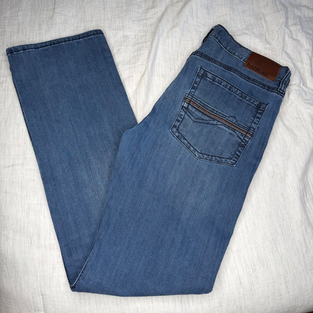 Rank 45 Mens 36x32 Blue Straight Leg Jeans Western Faux Leather Trim Medium Wash